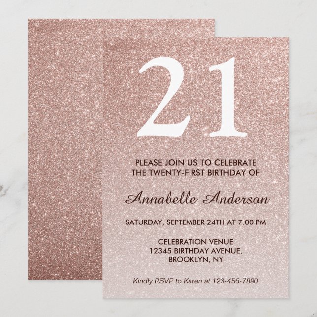 21st Birthday Pink Rose Gold Glitter Sparkle Ombre Invitation (Front/Back)