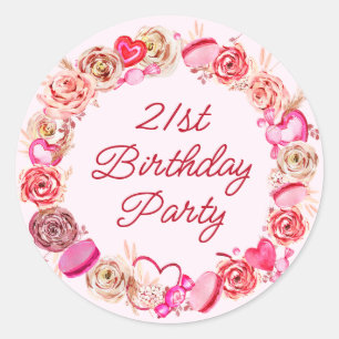 21st Birthday Pink Rose Swirly Heart Envelope Classic Round Sticker