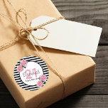 21st birthday pink roses on black white stripes classic round sticker<br><div class="desc">A sticker for a 21st birthday party. Classic slim black and white stripes as background. With girly and feminine pink roses as decoration. A frame on front with template for age, name and date. Age number in pink, name and date in black. The name is written with a hand-lettered style...</div>