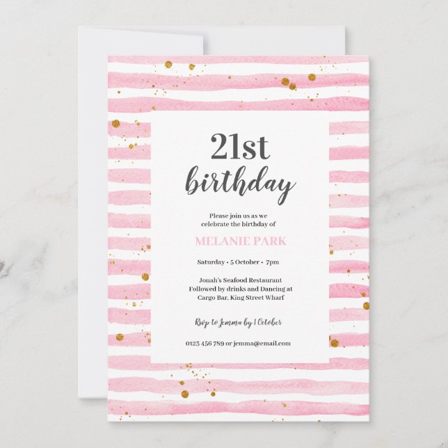 21st Birthday Pink Stripe Party Invitation (Front)