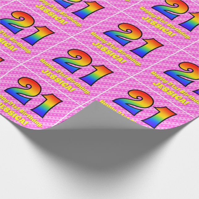 21st Birthday: Pink Stripes & Hearts, Rainbow # 21 Wrapping Paper (Corner)