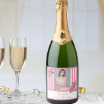 21st birthday pink white stripes floral photo sparkling wine label<br><div class="desc">A label for a  21st birthday party. Classic slim pink and white vertical stripes as background.  With girly and feminine flowers,  pink roses and peonies as decoration.  
A frame on front with template for age 21,  name and dates. Template for your own vertical photo.</div>