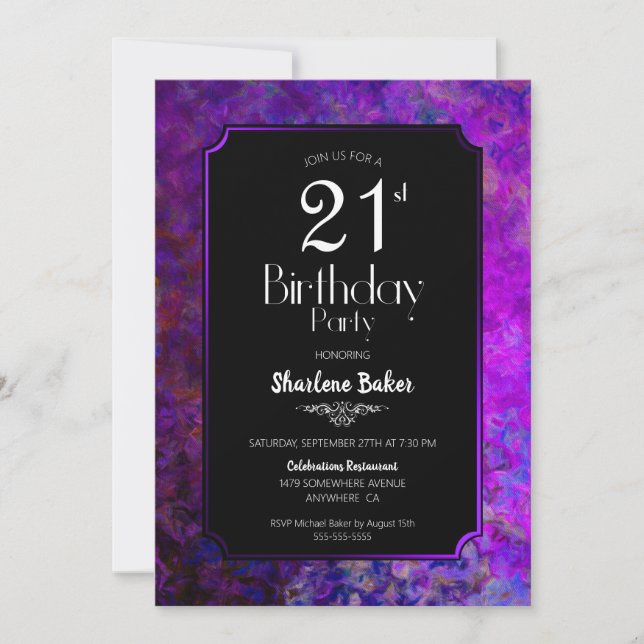 21st Birthday Purple and Black Party Invitation (Front)