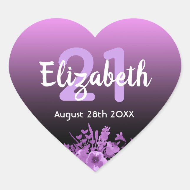 21st birthday purple and black with flowers heart sticker (Front)