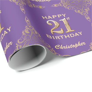 21st Birthday Purple and Gold Glitter Frame Wrapping Paper