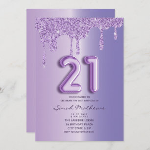 21st  Birthday Purple Glitter Drips Balloon Script Invitation