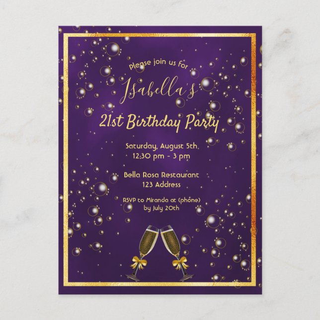 21st birthday purple gold bubbles invitation postcard (Front)