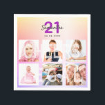 21st birthday rainbow custom photo pink purple napkin<br><div class="desc">For a glamourous 21st birthday party, celebrating her life with a collage of 6 of your photos. Personalize and add a name, age 21 and a date. Date of birth or the date of the party. Purple and dark grey coloured letters. A trendy rainbow coloured background in purple, violet, pink...</div>