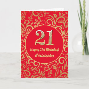 21st Birthday Red and Gold Floral Pattern Card