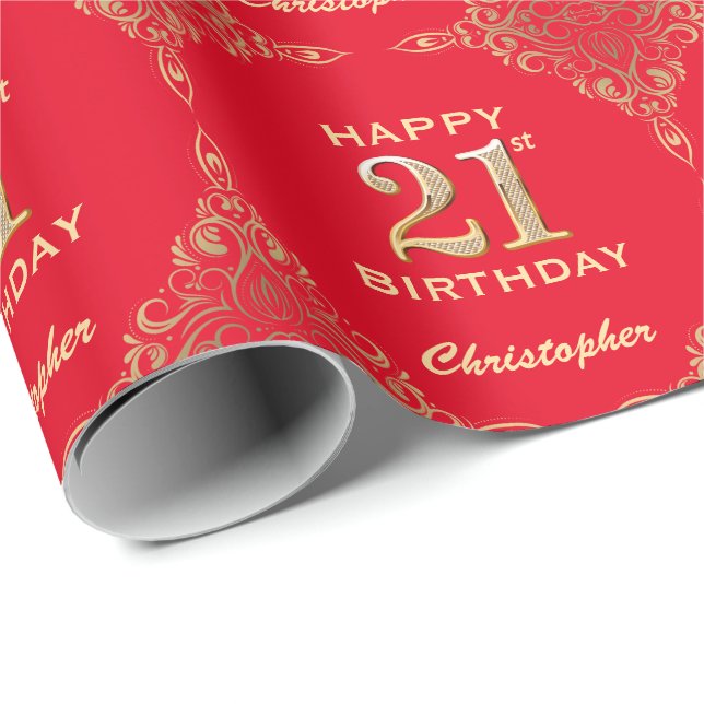 21st Birthday Red and Gold Glitter Frame Wrapping Paper (Roll Corner)