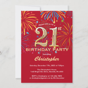 21st Birthday Red and Gold Rainbow Fireworks Invitation