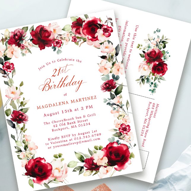 21st Birthday Red Rose Pink Peony Invitation Postcard (Creator Uploaded)