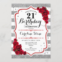 21st Birthday -  Red Silver White Stripes Roses
