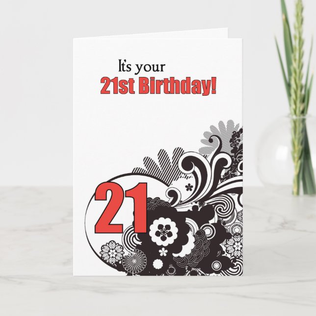 21st Birthday Religious Swirls, Red and Black Card (Front)