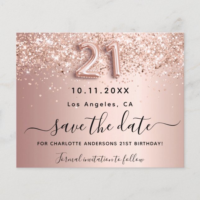 21st birthday rose glitter budget save the date flyer (Front)