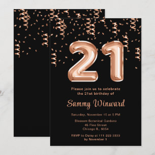 21st Birthday Rose Gold Balloons with Confetti Invitation