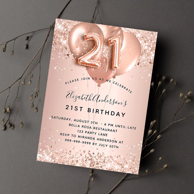 21st birthday rose gold blush balloons invitation (Creator Uploaded)