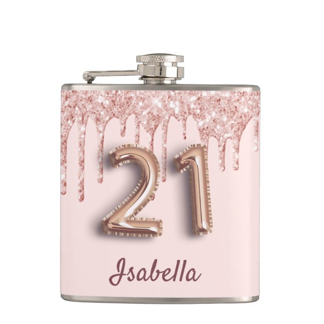 21st birthday rose gold blush drips friends hip flask (Front)
