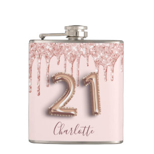 21st birthday rose gold blush glitter drips name  hip flask