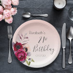 21st birthday rose gold blush pink florals paper plate<br><div class="desc">A paper plate for a 21st birthday party. A girly and elegant soft rose gold ombre background. Decorated with dark purple, burgundy and rose pink coloured flowers. Templates for a name and a date. The text: 21st Birthday is written in dark grey with a large modern hand lettered style script....</div>