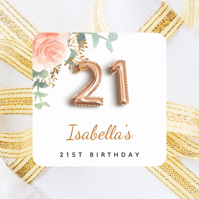 21st birthday rose gold eucalyptus monogram square sticker (Creator Uploaded)