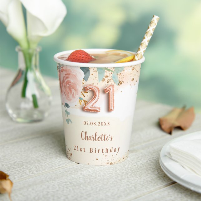 21st birthday rose gold floral greenery name paper cups (Insitu)