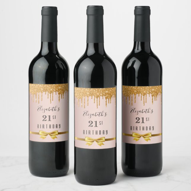 21st birthday rose gold glitter drip monogram wine label (Bottles)