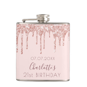 21st birthday rose gold glitter drip pink monogram hip flask