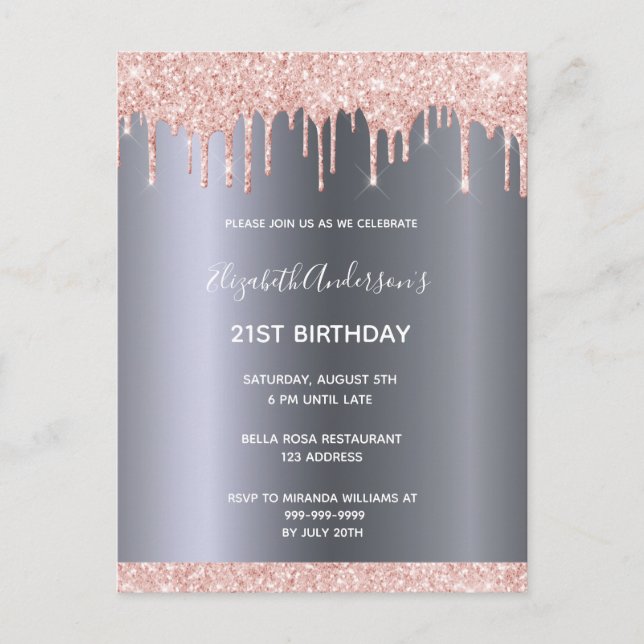 21st birthday rose gold glitter drips invitation postcard (Front)
