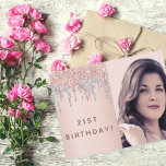 21st birthday rose gold glitter photo invitation postcard<br><div class="desc">A glamorous invitation for a 21st birthday party. A rose gold gradient background decorated with rose gold,  pink and faux silver glitter drips,  paint dripping look.  Personalize and add your own vertical size photo of the birthday girl.

Add your party details on back.</div>
