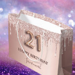 21st birthday rose gold glitter pink balloon style large gift bag<br><div class="desc">Elegant, classic, glamourous and girly for a 21st birthday party. Rose gold and blush pink, gradient background. Decorated with rose gold, pink faux glitter drips, paint dripping look. Personalize and add a name. With the text: Happy Birthday. The name is written with a modern dark rose coloured hand lettered style...</div>