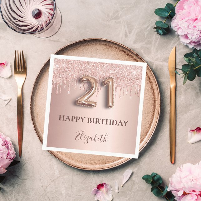 21st birthday rose gold glitter pink balloon style napkin (Creator Uploaded)