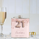 21st birthday rose gold glitter pink glam monogram hip flask<br><div class="desc">A gift for a girly and glamourous 21st birthday party. A light rose gold, pink background with elegant faux rose gold glitter drips, paint dripping look. The text: The name is written in dark rose gold with a large modern hand lettered style script. Personalize and add a name and a...</div>