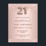 21st birthday rose gold glitter pink invitation postcard<br><div class="desc">A modern, stylish and glamorous invitation for a 21st birthday party. A faux rose gold metallic looking background with an elegant faux rose gold glitter drip, paint drip look. The name is written with a modern dark rose gold colored hand lettered style script. Personalize and add your party details. Number...</div>