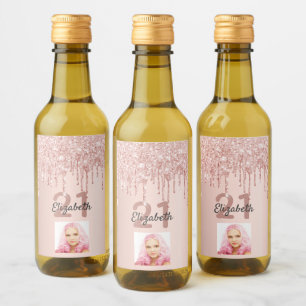 21st birthday rose gold glitter pink photo sparkle wine label