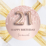 21st birthday rose gold pink classic round sticker<br><div class="desc">Elegant, classic, glamourous and girly for a 21st birthday party. Rose gold and blush pink, gradient background. Decorated with rose gold, pink drips, paint dripping look. Personalize and add a name. With the text: Happy Birthday. The text is written with a modern dark rose coloured hand lettered style script. Number...</div>