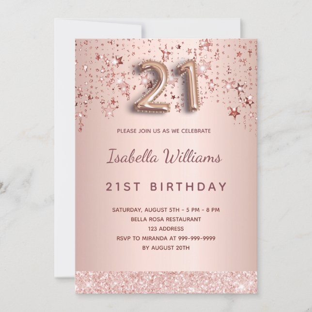 21st birthday rose gold pink stars balloon script invitation (Front)