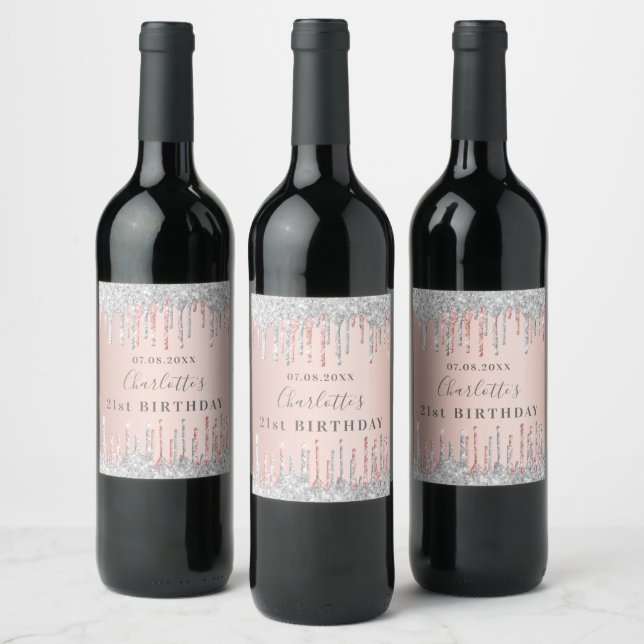 21st birthday rose gold silver glitter monogram wine label (Bottles)