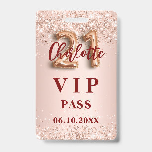 21st birthday rose gold vip party pass badge