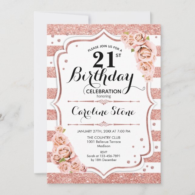 21st Birthday -  Rose Gold White Stripes Invitation