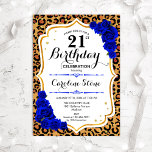21st Birthday - Royal Blue Gold Leopard Print Invitation<br><div class="desc">21st Birthday Invitation.
Elegant royal blue white design with faux glitter gold. Features leopard cheetah animal print,  script font and sapphire blue roses. Perfect for an elegant birthday party. Can be personalized into any year! Message me if you need further customization.</div>