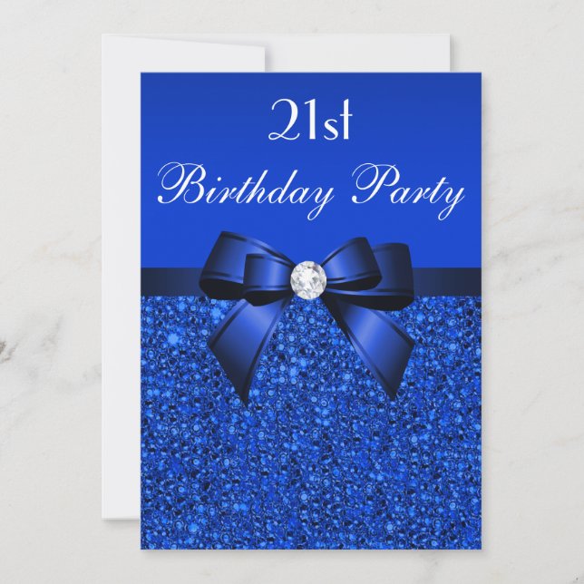 21st Birthday Royal Blue Sequins Bow and Diamond Invitation (Front)