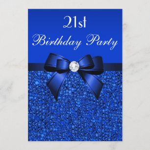 21st Birthday Royal Blue Sequins Bow and Diamond Invitation