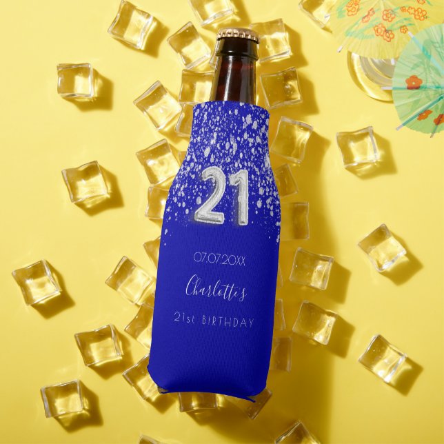 21st birthday royal blue silver glitter name bottle cooler (In Situ Summer)