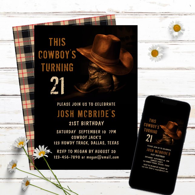 21st Birthday Rustic Cowboy Hat and Leather Boots Invitation (Creator Uploaded)