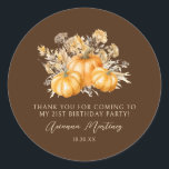 21st Birthday Rustic Pumpkin Fall Thank You Favour Classic Round Sticker<br><div class="desc">Elegant watercolor orange pumpkins are nestled in a variety of fall foliage and flowers. A dark,  rich brown background frames it to perfection. Perfect for an autumn celebration.</div>