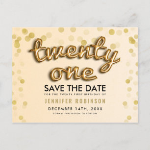 21st Birthday Save The Date Gold Balloons Glitter Announcement Postcard