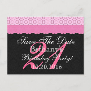 21st Birthday Save the Date Pink and Black Lace Announcement Postcard