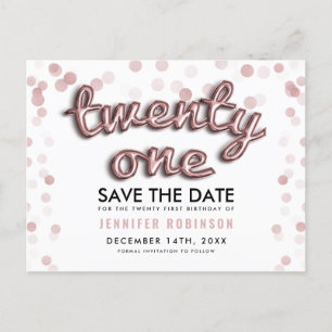 21st Birthday Save The Date Rose Gold Balloons Announcement Postcard