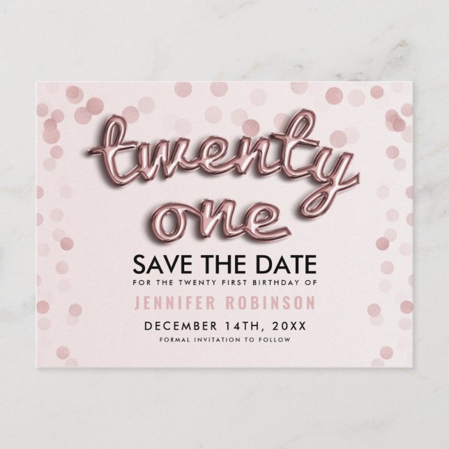 21st Birthday Save The Date Rose Gold Blush Pink Announcement Postcard (Front)